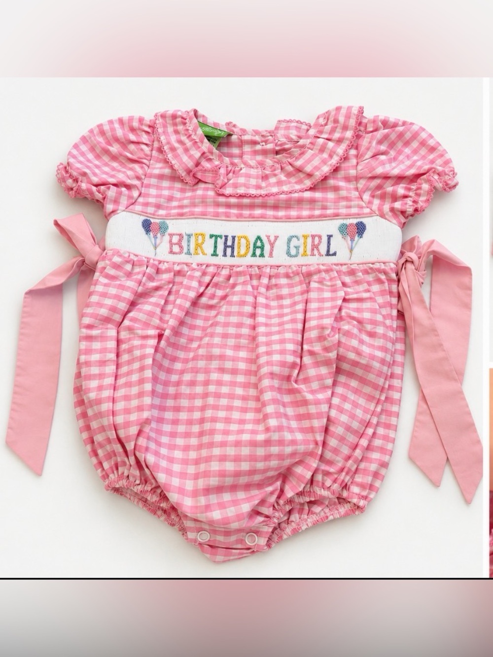 Girls Pink Gingham Birthday Girl Smocked Bubble Romper 12M NWT